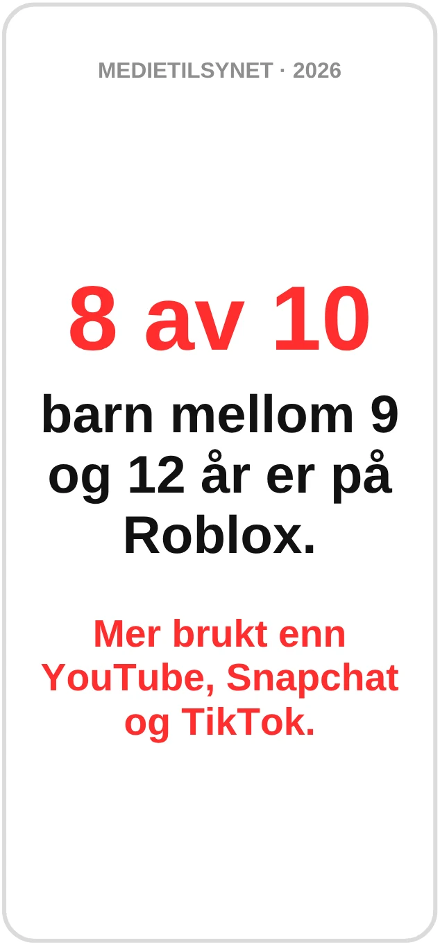 Medietilsynet 2026: 8 av 10 barn mellom 9 og 12 år er på Roblox.