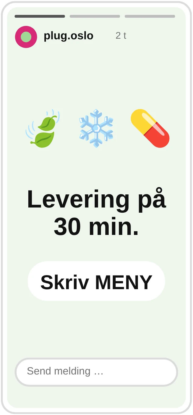 plug.oslo: Levering på 30 min. Skriv MENY
